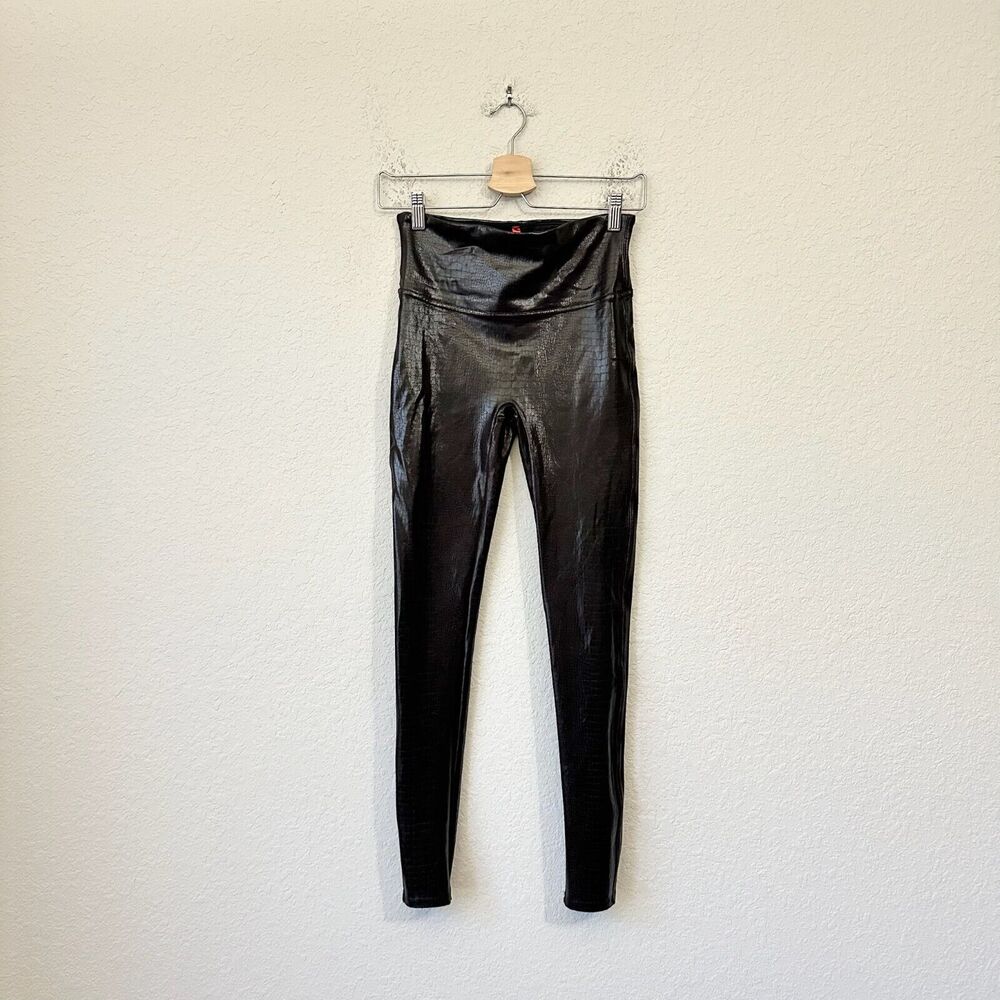 SPANX Faux Leather Leggings Dark Brown Snakeskin Compression Activewear